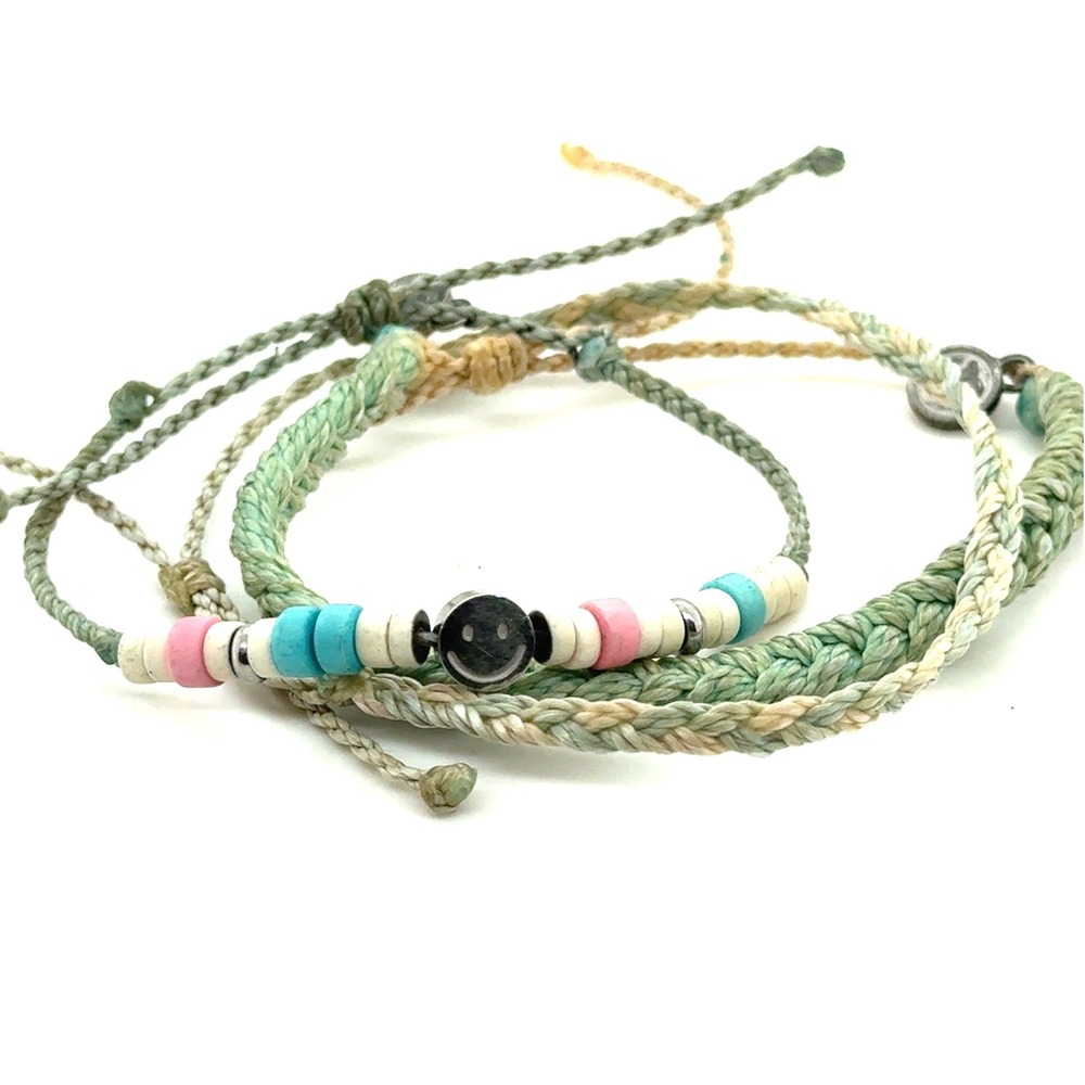 Pura Vida Braided Bracelet Stack Mint Green Pastel Smiley Face Bead Set of‎ 3